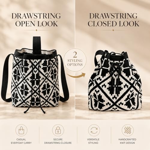 Image of Kawn Women's Crochet Drawstring Bucket Bag, Stylish Tote Purse, Crossbody Shoulder Bag, Boho Chic Handbag for Beaches, Party and Everyday Use.