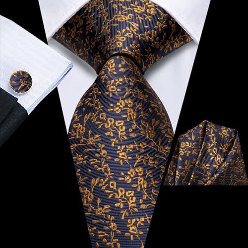 Image of Hi-Tie Men Silk Ties Set with Flower Lapel Pin Necktie Pocket Square Cufflinks for Tuxedo Wedding Business