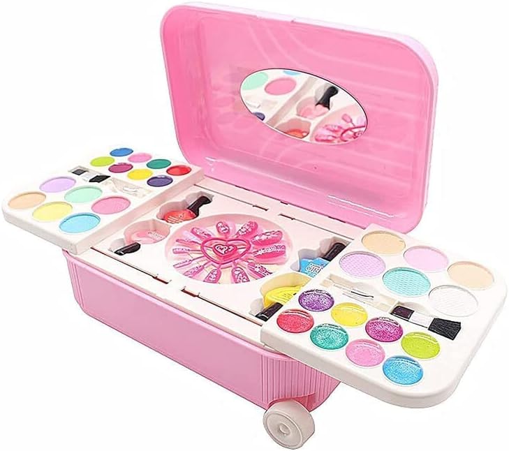 Toyemporium 2 in 1 Cosmetic Makeup/ Palette and Nail Art Kit for Kids with Portable Trolly Bag | Pretend Play Toy for Girls -Plastic(Color AS PER Stock)