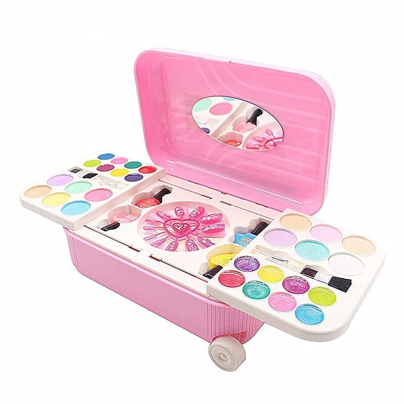 Toyemporium 2 in 1 Cosmetic Makeup/ Palette and Nail Art Kit for Kids with Portable Trolly Bag | Pretend Play Toy for Girls -Plastic(Color AS PER Stock)