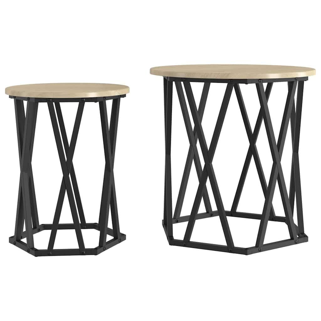 Set di 2 tavolini rotondi in rovere Sonoma, legno e acciaio | Eleganti tavolini rotondi per il soggiorno. Piano del tavolo opaco facile da pulire con robusto telaio in acciaio.