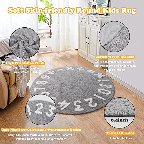 Round Rug 5Ft Math Learning Circle Rug Soft Washable Area Rug Non Slip Handwoven Tufted Cotton Bath Mat Grey White Rug Baby Carpet Nursery Rug For Kids Room Bedroom Playroom Living Room Decor Gifts #TOP1
