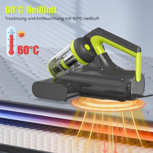 Milbensauger für Matratzen - 16kPa Milbensauger mit UV-C-Licht, Ultraschall,60°C Heißluft,Matratzensauger,doppelter Zyklon,entfernt 99,2% der Allergene für Matratzen,Betten,Sofas
