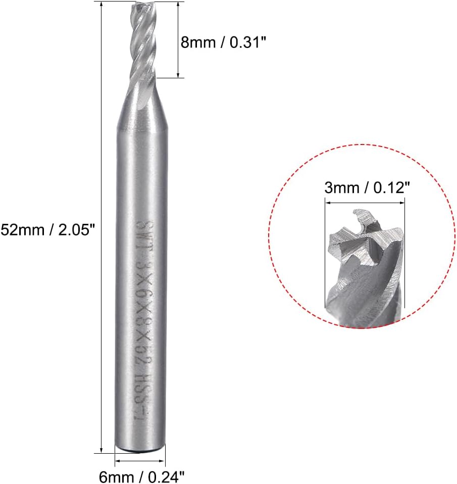 uxcell 2PCS 6mm Shank 3mm x 8mm Straight Flat Nose End Mill Cutter CNC Router Bits 4 Flute