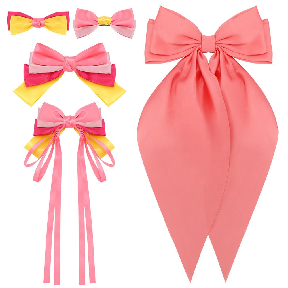 AHONEY 5 Pack Pink Hair Bows Hair Clips, Satin Hair Bow Dress Up Hair Ribbons Cute Bow for Hair Accessories Women Birthday Party Favors Decorations