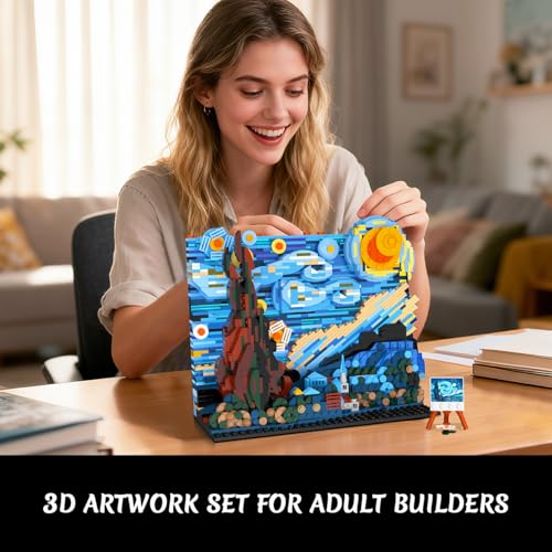 Image of CUBIMANA The Starry Night Building Set with LED Lights - 1501PCS Artwork 3.6MM Mini Blocks Building Sets for Adults, Famous Paintings Architecture Projects Home Art Decor for Men Women