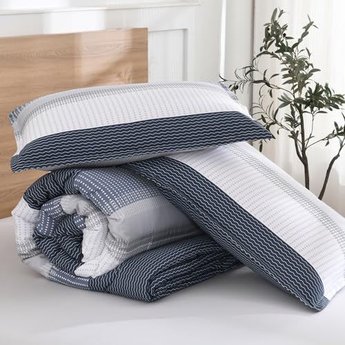 Litanika Oversized Queen Comforter Set Black Blue 98x98-3 Pieces Lightweight Colorblock Stripe Fluffy Bedding Comforter Sets, All Season Bed Set