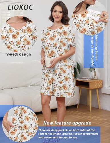 Image of Hospital Gowns for Women Open Back Tear Away Snap Post shoulder Dress Short Sleeve Soft Adaptive Clothing with Pockets