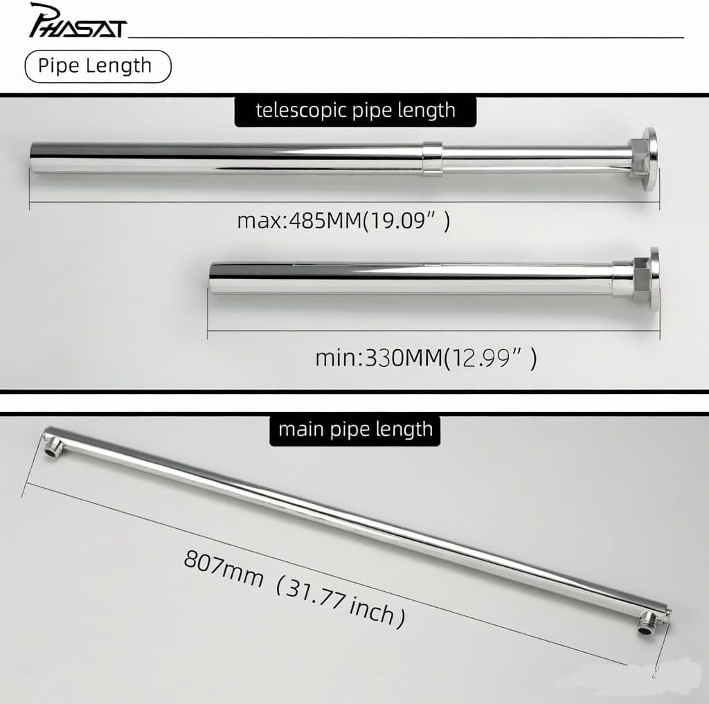 PHASAT Dual Shower System Kit,Adjustable Stainless Steel Shower Rod with 2 Flexible Hoses, Shower Arm Replacement Parts For Dual Shower Head,Chrome,PU9D15