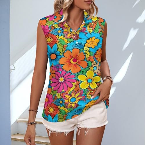 Womens Sleeveless Golf Shirt Moisture Wicking Athletic Golf Tank Top Hippie Flower Printed Polo Tennis Shirts2