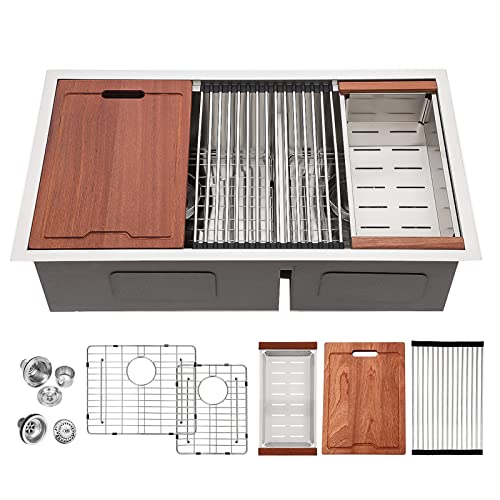 Lordear Double Bowl Kitchen Sinks 33 Inch Ledge Workstation Sink Double Bowl 60/40 Low Divide 16-Gauge Stainless Steel Undermount Kitchen Sink 33X19 Inch Deep Kitchen Sinks #TOP8