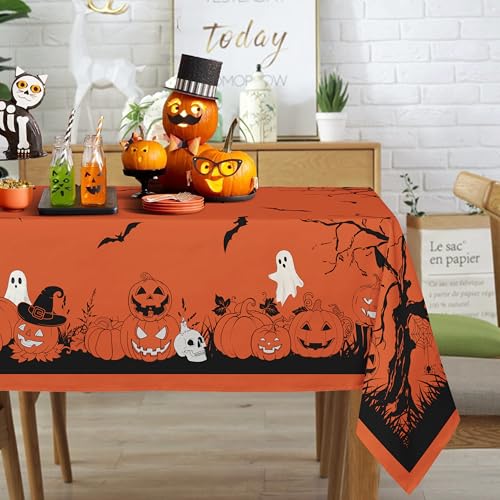Yighty Rectangle Halloween Tablecloth 60x102In,Orange Pumpkin Skull Ghost Tablecloths,Polyester Waterproof Wrinkle-Resistant and Durable Table Cloth,Suitable for Halloween,Parties,Holiday,Kitchens