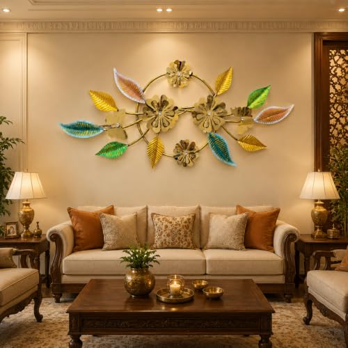 Image of SHREE 'O' GREEN TECH - Big Decorative Floral Metal Wall Hanging Multicolor Flower Leaf Artwork Handcrafted Home Decor for Living Room Bedroom Dining Room (50 x 22 Inch)
