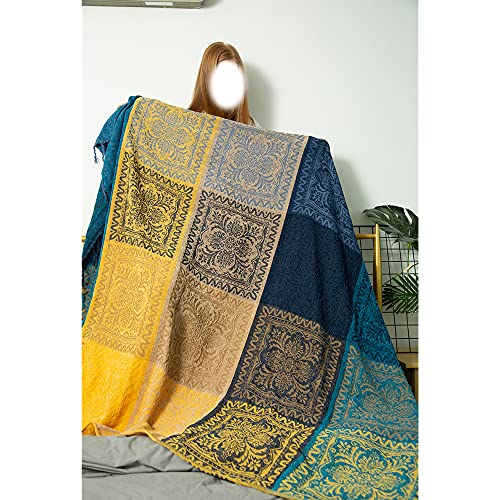 Cueerbot Bohemian Tribal Throw Blanket，Soft Cozy Reversible Colorfu Jacquard Tassels Throw Blankets，Chenille Throw Covers For Bed Couch Soft Chair, Recliner (Blue, Small 60 Inches X 75 Inches) #TOP1