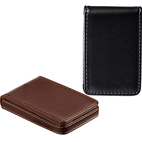Image of Outus 2 Pcs Business Card Holder, PU Leather Business Card Case Pocket Wallet with Magnetic Shut for Men Women(Black and Coffee,Classic)