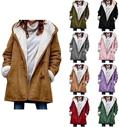 Akivide Women Winter Warm Sherpa Lined Jackets Plus Size Hooded Faux Suede Long Sleeve Horn Buckle Coats with Pocket3
