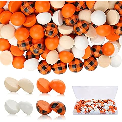 UHOMENY 160 Pieces Colorful Half Wood Beads 15mm Plaid Half Balls Round Wooden Unfinished Split Wood Natural Beads for Farmhouse DIY Craft Holiday Ornament with Box (Wood Color, White, Orange, Plaid) Cover