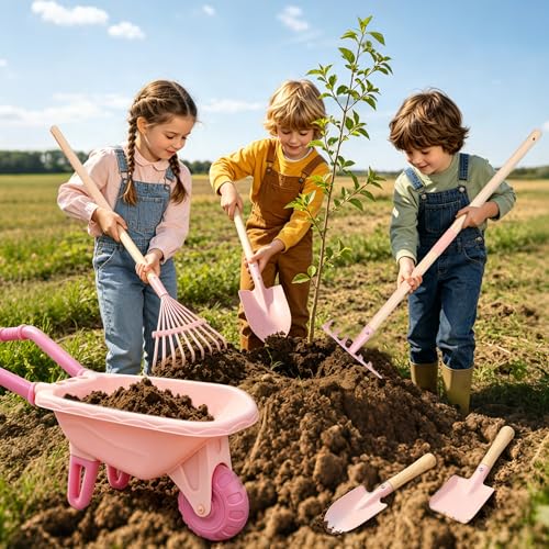 Image of Kids Gardening Set with Wheelbarrow, Metal Kid Gardening Tools Set with Long Handle Tool, Hand Tool & Gloves, Backyard Gardening Tools for Kids Outdoor Play Birthday Gifts