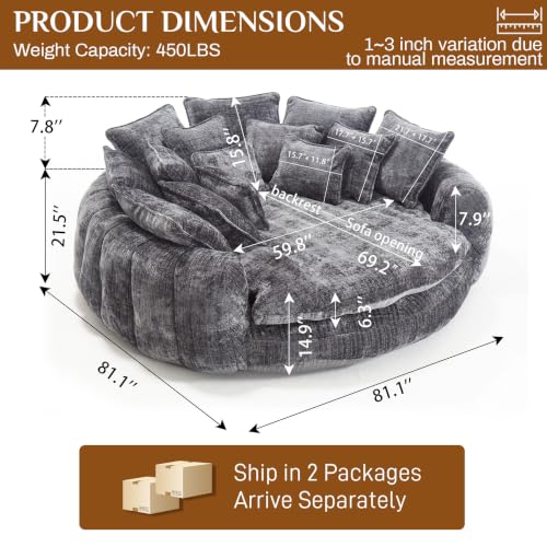 Image of 81 inch Round Sofa Bed Big Bean Bag Round Chaise Lounge Oversized Round Couch Boneless Reading Chair Plush Fluffy Chenille Large Chaise Chair for Living Room, Bedroom, Apartment, Dark Gray