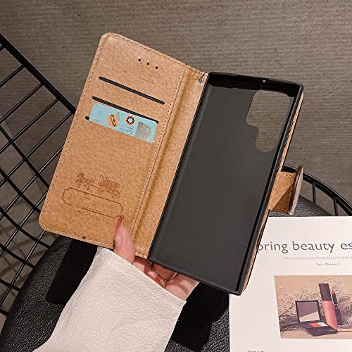 Designer Wallet Case For Samsung Galaxy S22 Ultra,Classic Monogram Luxury Case,Premium Pu Leather Flip Protective Case Cover With Kickstand Cover For Samsung Galaxy S22 Ultra 5G (6.8 Inch)- Khaki #TOP2