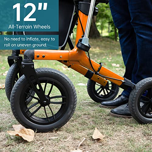 Image of ELENKER All-Terrain Rollator Walker with Non-Pneumatic Tire 12 inch Front Wheels, Compact Folding Design for Seniors (Orange)