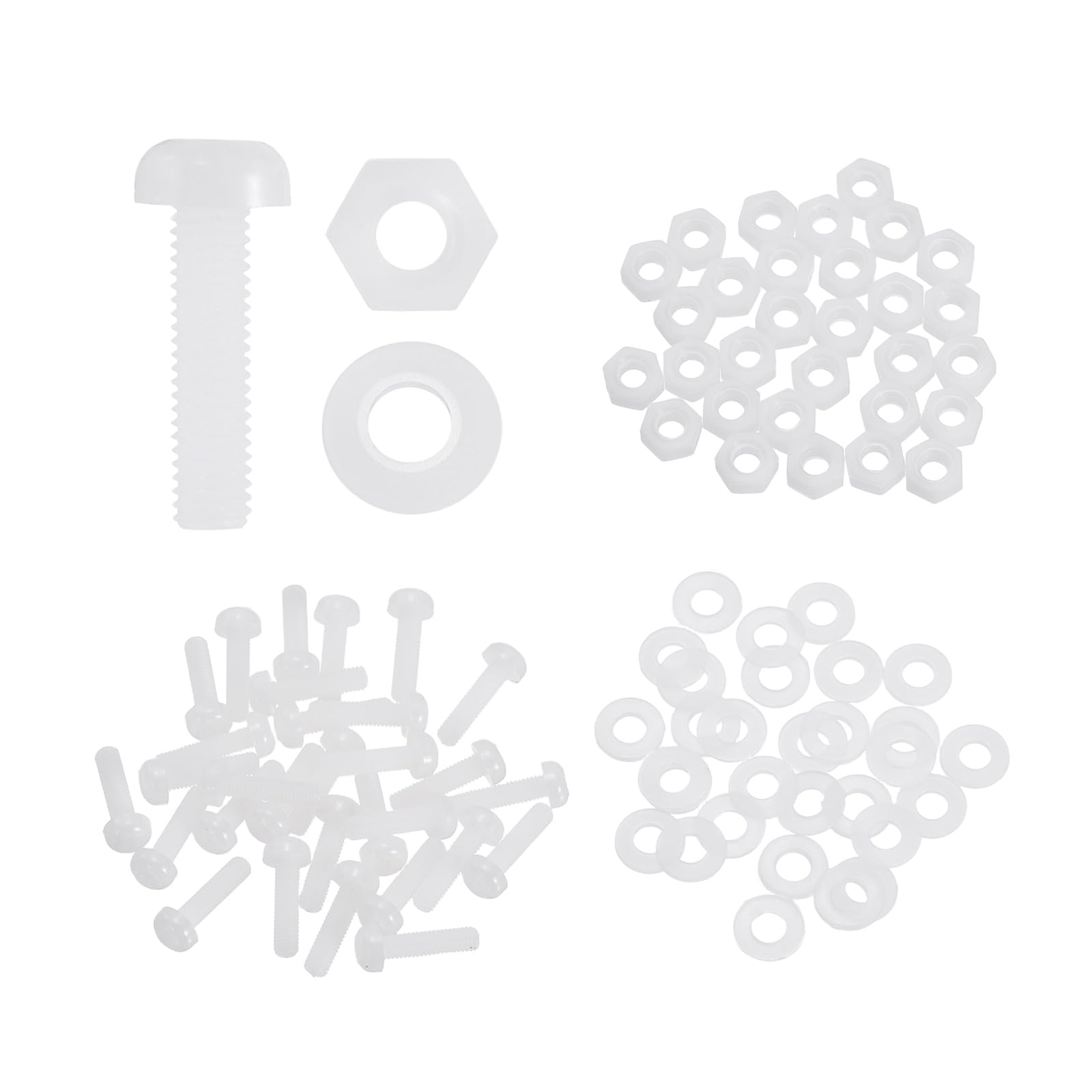 sourcing map 30 Set M3x10mm Nylon PA66 Plastic Cross Round Head Screw Phillips Bolts Hex Nuts Flat Washers Assortment Kit, Metric Full Thread Bolt Fasteners for DIY Machine Assembly, White