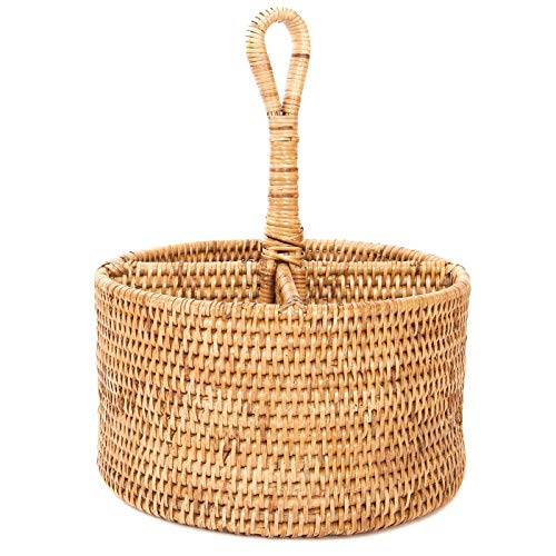 Image of AKWAY Bamboo Rattan Spoon Stand | Round Cutlery Holder | Kitchen Rack for Cafe & Resto-bar | Tableware Storage (6.5W x 6.5L x 5H Inches, Beige)