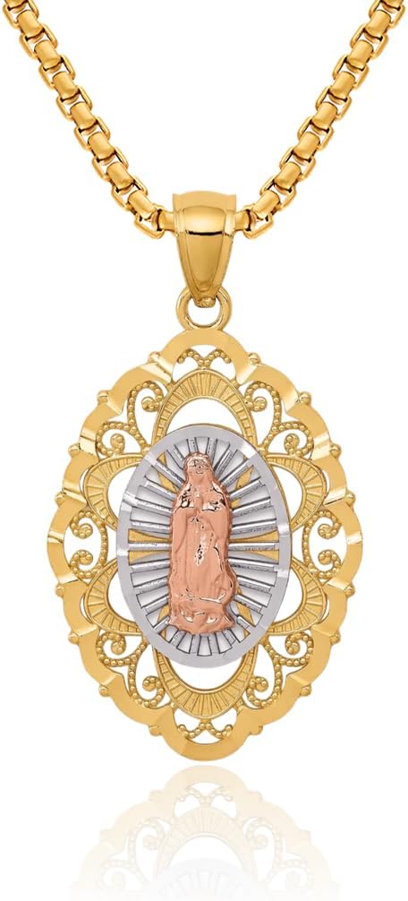 IceCarats 14K Solid Tri Color Pink White Yellow Gold Our Lady of Guadalupe Virgin Mary Necklace Virgencita Maria Rosa Pendant Catholic Christian Holy Mother Medallion Charm Only