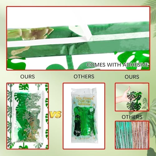 Image of 3 Pack Jungle Leaf Foil Fringe Curtain for Jungle Party Decorations, 3.3x6.6Ft Safari Theme Leaf Tinsel Streamer Backdrop, Photo Booth Prop Zoo Animal Birthday Party Supplies Baby Shower Favors