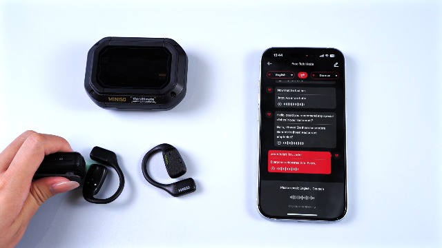 MINISO MS188 Vertaler, koptelefoon, real-time met AI-spraakvertaling voor 134 talen, lcd-touchscreen OWS, compatibel met iOS en Android, geschikt voor studie, reizen en zaken