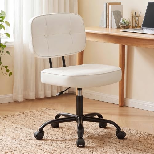 Image of DUMOS Home Office Desk Chair - Ergonomic Armless PU Leather Computer Rolling Task Chair with Comfy Lumbar Support and Height Adjustable, Vanity, Bedroom, Living Room, Ivory White