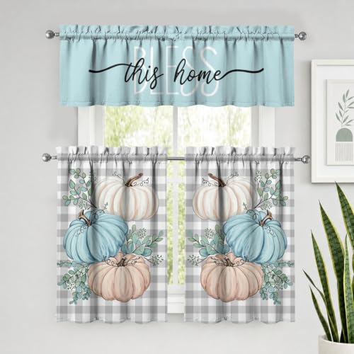 Image of Fall Pumpkin Kitchen Curtains 3 Piece Set Tier Valance | Thanksgiving Kitchen Curtain Set Includes 54x18in Valance and Two 27.5x36in Tier Curtains for Kitchen Window Decor