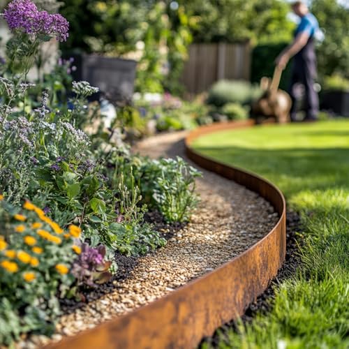 Corten Steel Metal Lawn Edging 5 Metre (16.5ft), Roll, Pre-Rusted Metal Garden Edging 14 cm High, Easy to install Garden Edge Border, Safety Gloves Included