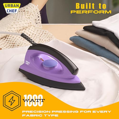 Image of Urban Chef Ease Pro Iron Press | 1 Year Warranty |1000 Watt | Iron Box, Press Iron | Electric & Dry Iron for Clothes | Light Weight | Non-Stick Coated Heavy Sole Plate | Purple & Black |