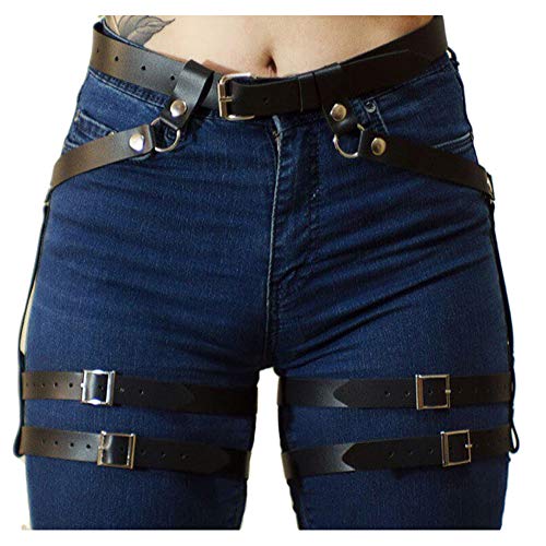 KELAND Giarrettiere da donna in pelle punk sexy con bretelle regolabili (Nero-001)