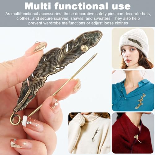 Image of 6 Pcs Large Safety Pins, Unique Styling Design Vintage Chic Brooch Pins Decorative Safety Pin-s for Clothing Giant Retro Sweater Lapel Pins Vintage Brooch Pin-s for Women(Color:Bronze)