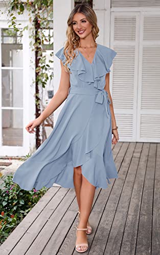 Image of PRETTYGARDEN Women's 2023 Summer Wrap Maxi Dress Casual Boho Deep V Neck Short Sleeve Ruffle Hem Split Beach Long Dresses
