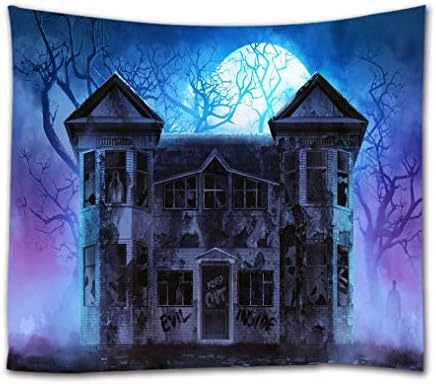 A.Monamour Round Moon Haunted House Scary Castle in Foggy Forest Halloween Holiday Decors Print Polyester Fabric Wall Hanging Tapestry Wall Decors Curtains for Home 180X230Cm/71 X90