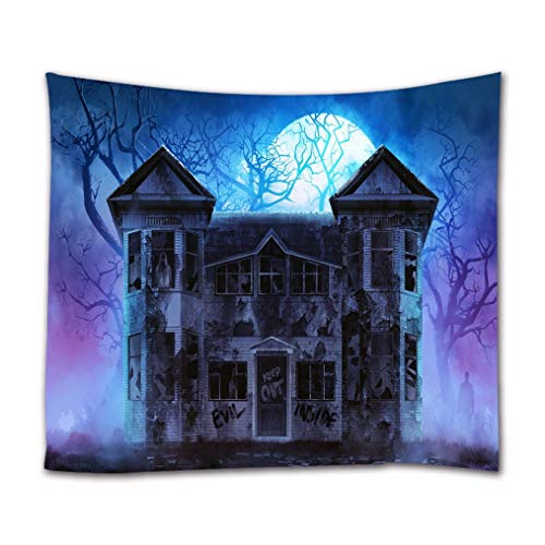 A.monamour Round Moon Haunted House Scary Castle In Foggy Forest Halloween Holiday Decors Print Polyester Fabric Wall Hanging Tapestry Wall Decors Curtains For Home 180X230Cm/71 X90 #TOP3