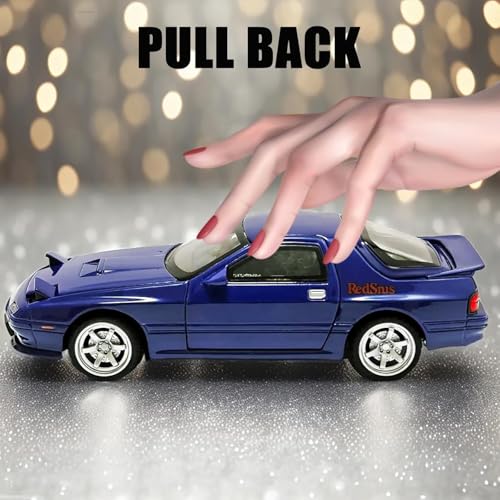 Image of 1:32 Mazda RX-7 Diecast Metal Car Model, Pull Back Toy Car with Openable Doors, Sound & Light Effects, Alloy Vehicle for Kids Boys Girls & Collectors (Blue)