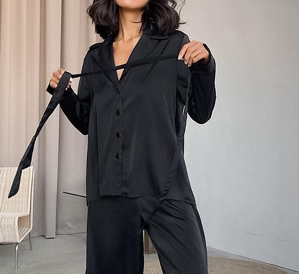 Ensembles De Pyjama Femme,Noir Lâche Couleur Unie À Manches Longues Ensemble De Vêtements De Nuit Femmes Pyjama Deux Pièces Personnalité Douce Décontracté Loungewear Festival Cadeau pour Soeu