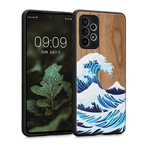 kwmobile Custodia Compatibile con Samsung Galaxy A52 / A52 5G / A52s 5G Cover - Back Case in Legno con Bumper in Silicone TPU - Onda Hokusai Blu/Bianco/Marrone