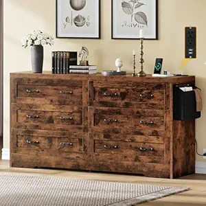 DWVO Farmhouse 6 Drawer Dresser for Bedroom, 31.5 Inch Tall Modern Dresser TV Stand with Large Drawers & Bar Handles, Storage Dressers with Power Outlets, Rustic Wood Chest of Drawers, Rustic Brown