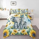 Grey Elephant Bedding Set King Size,Botanical Floral Yellow Sunflower Comforter Set for Women Girls,Jungle Wild Animals Down Comforter Little Elephant Kawaii Decor Teal Blue Butterflies Duvet Insert