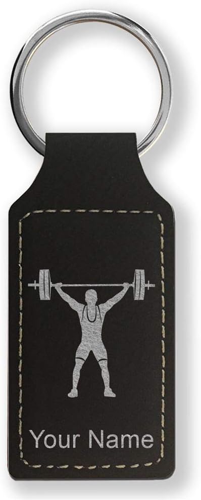 Rectangle Keychain, Weightlifting Man, Personalized Engraving Included