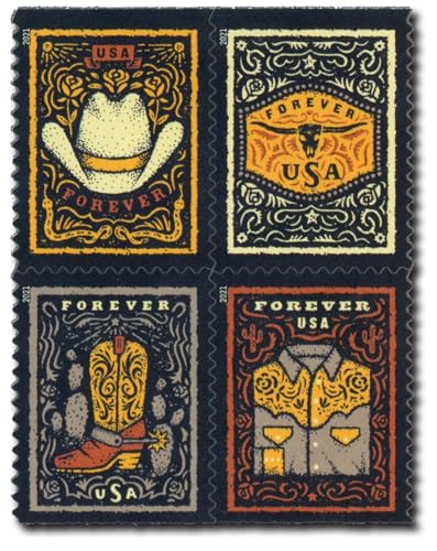 Image of USPS Western Wear (Cowboy Hat, Belt Buckle, Cowboy Boot with Spur, Western Shirt) (Booklet of 20) Postage Forever Stamps 2021 Scott #5615-5618