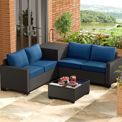 opemtdo Premium Outdoor Patio Furniture Set with Storage, L Shaped Outdoor Couch with Thick Cushions, 4 Seat Balcony Furniture Set with Tea Table