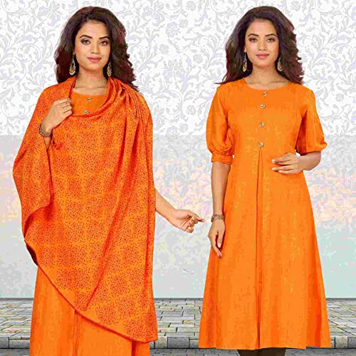 Image of CEE 18 Women's Cotton Rayon A-Line Maternity Feeding Kurti with Nursing Dupatta (9695 44 Orange XX-Large)