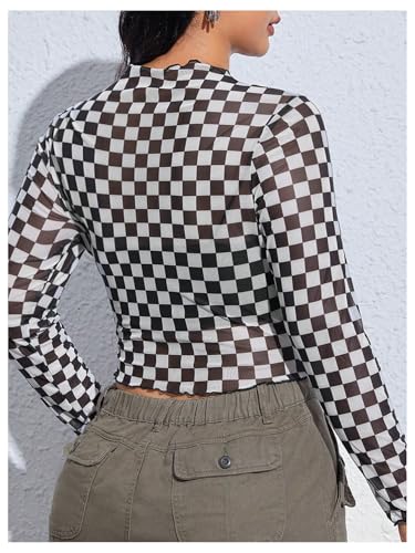 WDIRARA Women's Plus Size Checkered T Shirt Sheer Mesh Tee Long Sleeve Crop Tops2