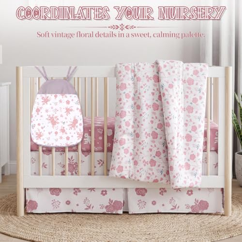 Image of Hahafelt 4 Pieces Crib Bedding Set for Girls and Boys, Soft Baby Bedding Set Including Crib Skirt, Comforter, Sheet and Diaper Stacker for Nursery(Antique Rose)
